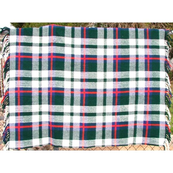 Plaid Wool Blend Blanket Throw Fringe 58x52" Vintage Bright Green Red Blue Warm - Picture 1 of 9